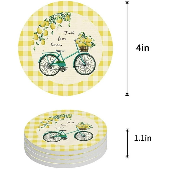FMSHPON Green Bicycle Fruit Plants Yellow Buffalo Check Plaid Set of 6 Round Coaster for Drinks, Absorbent Ceramic Stone Coasters Cup Mat with Cork Base for Home Kitchen Room Coffee Table Bar Decor