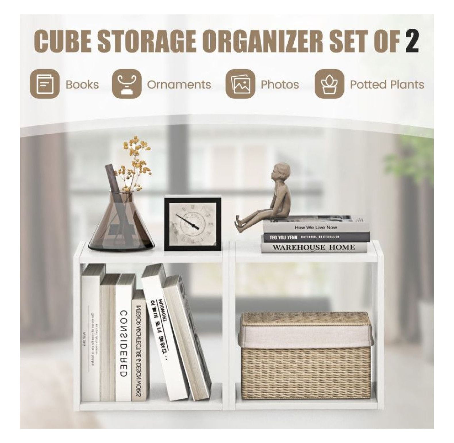 Cube Storage Organizer Set of 2, 15x15x13in Engineered Wood Bookcase, Living Room Bedroom Shelving Unit, Display Rack for Vinyl Records & Decor, White/Natural