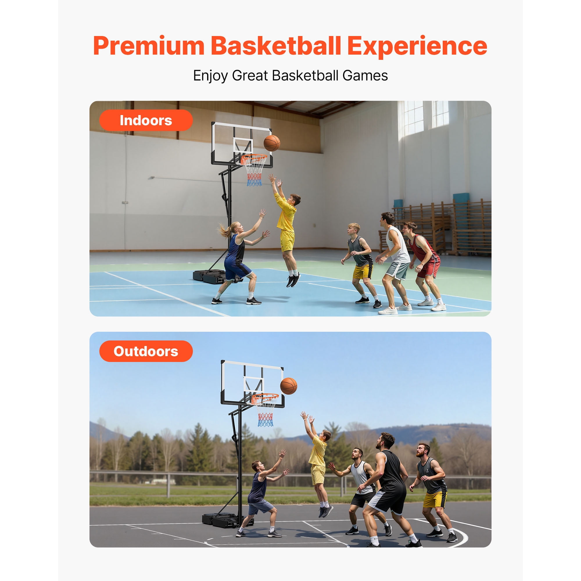 KFFKFF Adjustable Portable Basketball Hoop, 5.25 to 10 ft Height Range, 44-inch PC Backboard with Wheels, Ideal for Kids, Teens, and Adults in Driveways or Poolside Games