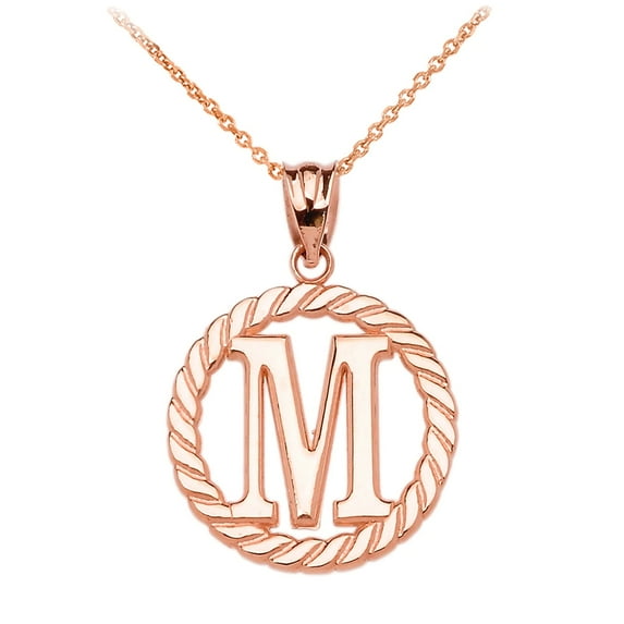 ROSE GOLD "M" INITIAL IN ROPE CIRCLE PENDANT NECKLACE : 10K Pendant with 16" chain