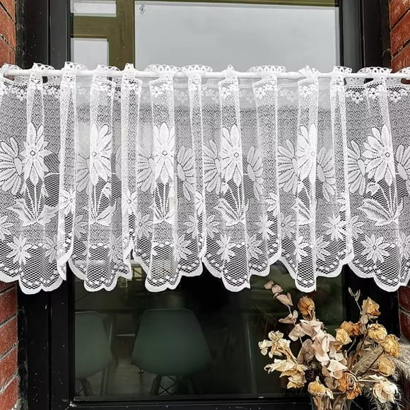 ZH.H Floral Lace Light Filtering Half Kitchen Curtains Rod Pocket Voile Cafe Valance 46*152cm, White