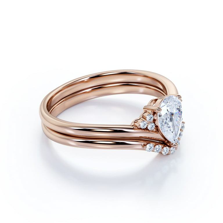 Upside-Down .75 Carat Pear Shaped Real Diamond Chevron Wedding Ring Set in  10k Rose Gold
