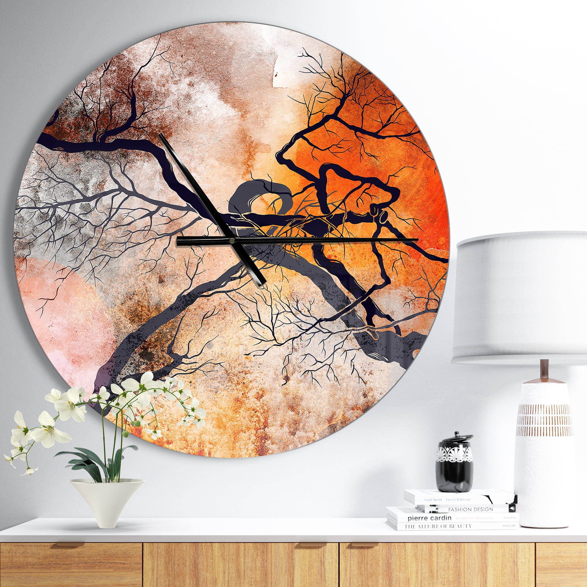 Designart 'Surrealistic trees with red sun ' Modern wall clock