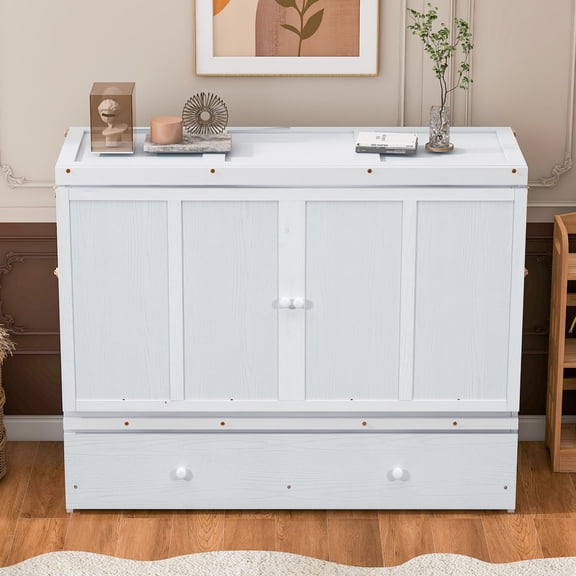 Pinovk Queen Size Murphy Bed with USB Port and a Large Drawer, White