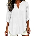thumbnail image 2 of YVNAURA Womens Cotton Linen Tops Short Sleeve V Neck Blouse Loose Fit Summer Shirts Breathable Casual Top Lightweight Cotton Linen Everyday Essential Tops Beach Vacation Outfit Women, White,L, 2 of 9