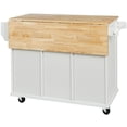 thumbnail image 2 of White Kitchen Cart with Rubber Wood Drop-Leaf Countertop, 5 Rolling Wheels, Internal Cabinet Door Storage Racks, Cabinet & 3 Drawers, for Kitchen & Dining Room, 2 of 17