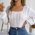 thumbnail image 6 of YUGYXL Womens Fall Sweaters Cable Knit Square Neck Lantern Sleeve Casual Loose Cute Vintage Pullover Top Trendy Clothes White M, 6 of 8