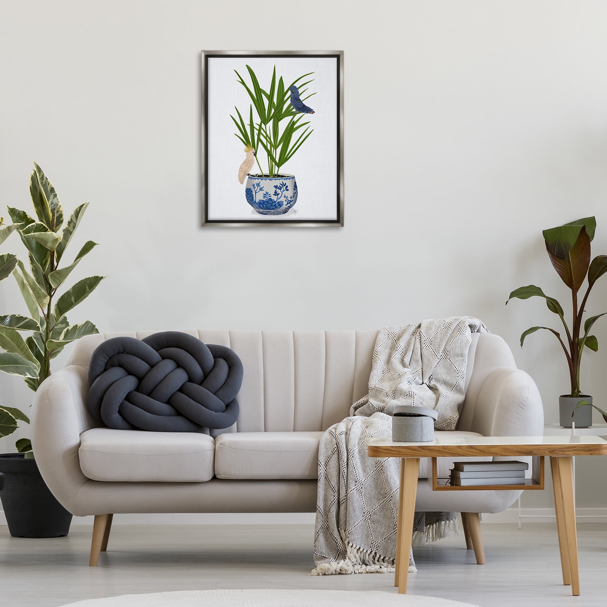Stupell Industries Cockatiels on Planter Botanical & Floral Painting Gray Floater Framed Canvas Art Print Wall Art, 25 x 31