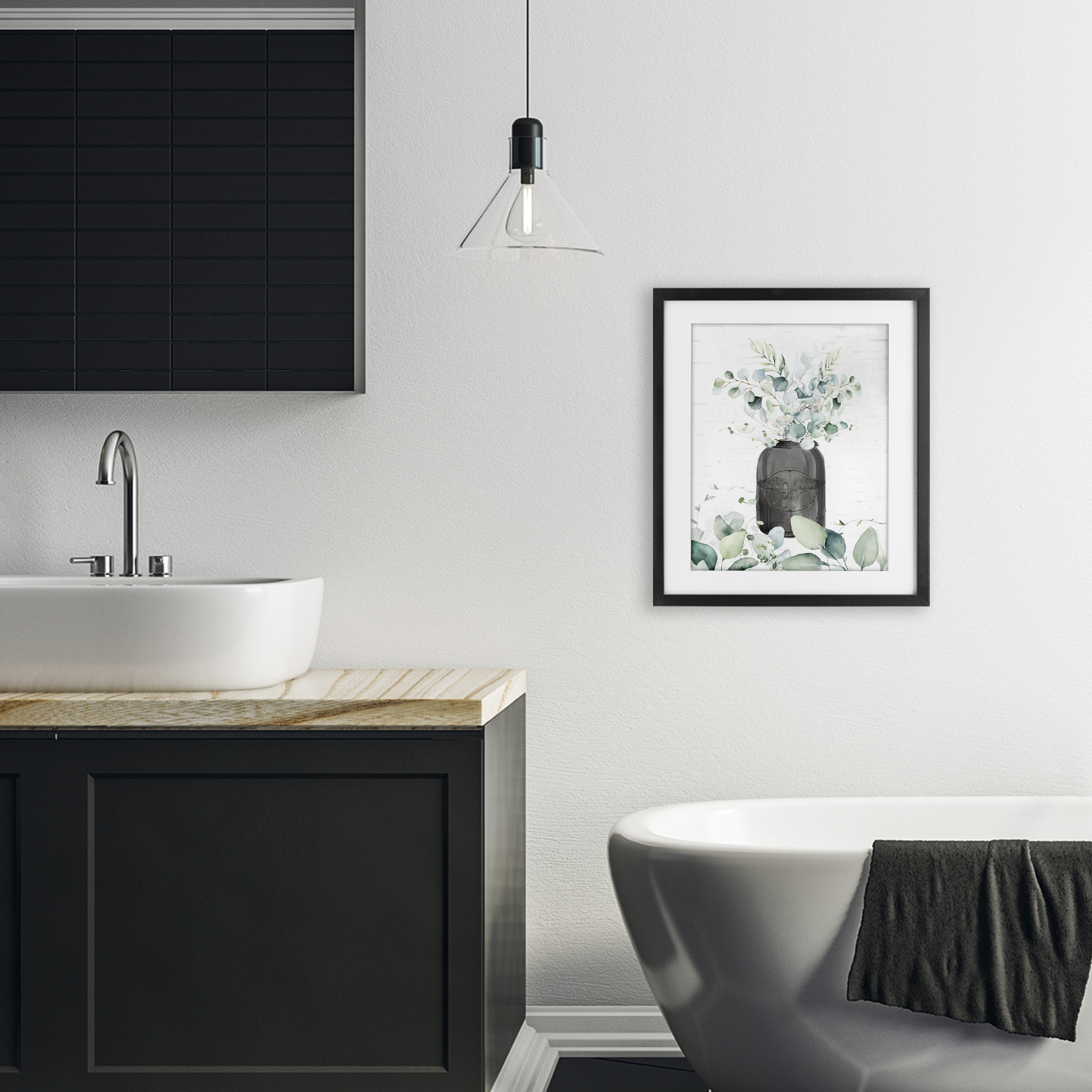 Soap Jar & Eucalyptus Black Framed Print Under Glass, design by Lettered and Lined