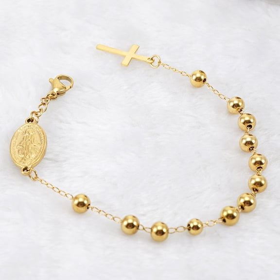 304 Stainless Steel Charm Bracelets Round Beaded Link Bracelets for Women St. Benedict & Cross Real 18K golden Plated 8-1/4 inch(21cm)