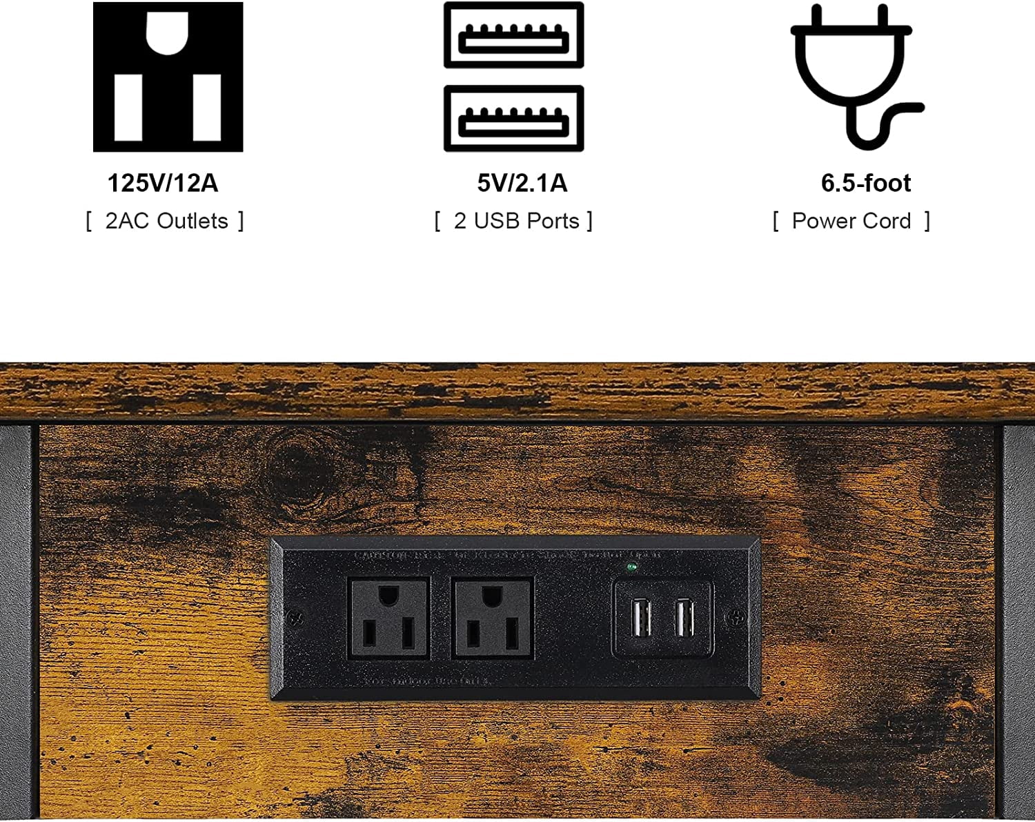 C-Shaped End Table with Charging Station and USB Ports, with Storage Basket and Rustic Brown Wood Top