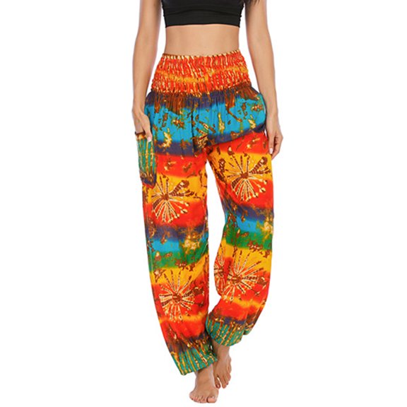 SWSMCLT Women's Boho Pants Smocked Waist Harem Cinch Bottom Beach Trousers Print Bloomer Yoga Hippie with Pockets Bohemian Aladdin Indian Thai Baggy Patterned4 One Size
