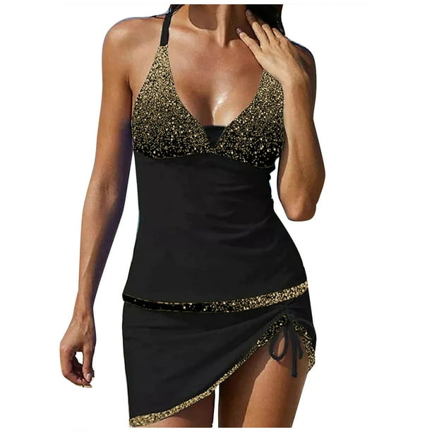 Gibobby Trajes de Bano para Mujer Mujer Banadores Tankini 2 Piezas Traje de bano normal Cintura Alta Verde Azul Dorado Negro Acolchado Alambre en V Traje Dolado G Walmart en linea