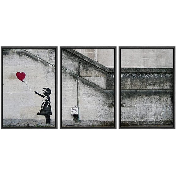 wall26 - 3 Piece Framed Canvas Wall Art - There is Always Hope - Girl and Red Heart Balloon - Street Art - Guerilla - Modern Home Art Stretched and Framed Ready to Hang - 16"x24"x3 Black