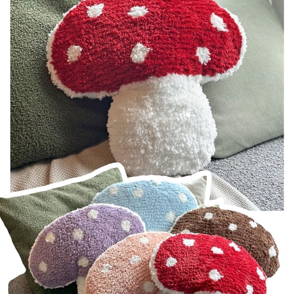 Mushroom Throw Pillow Tufted Shape Decorative Cushion 15” x 15” – Decor for Bed, Couch, Living Room (Red)
