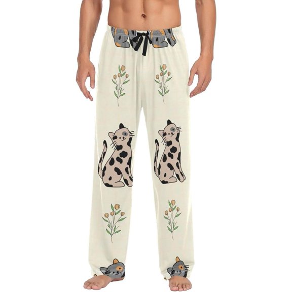 Cow Print Cat Ghost Pajama Pants, Men's Lounge Pants Light with Drawstring and Pockets, Christmas New Year Birthday Father's Day Gifts, Medium