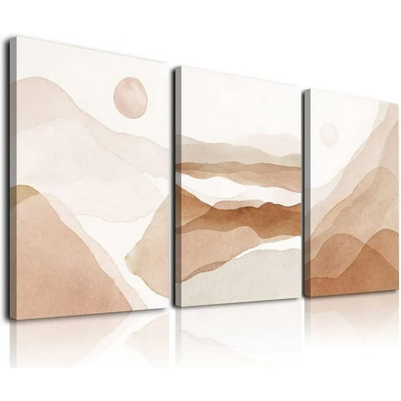 Minimalist Boho Wall Art Set of 3 Mid-Century Modern Wall Art Prints Neutral Canvas Prints Watercolor Sun Mountain Landscape Artwork 12" X 16" for Bathroom Bedroom Living Room Boho Wall Decor
