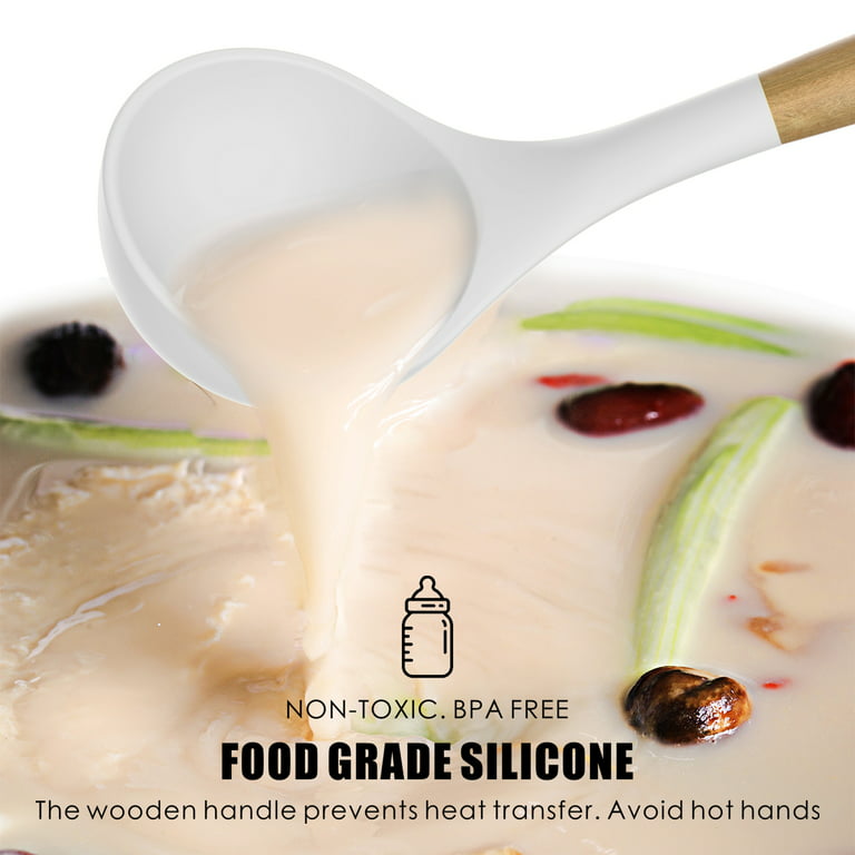 Non-stick Silicone Kitchenware Set With Milk White Wooden Handles