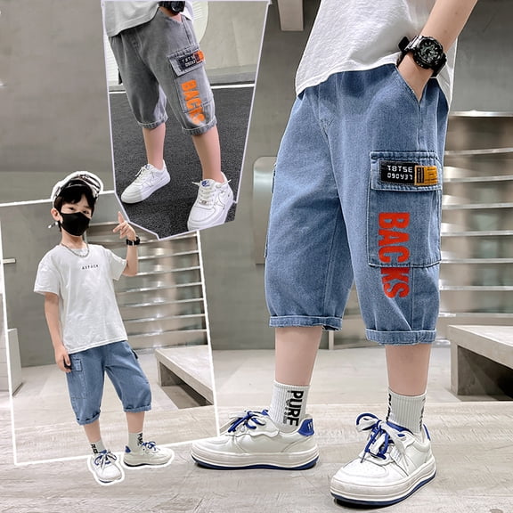 CAIXIA Boy's Baggy Jeans Shorts Straight Leg Hop Loose Denim Shorts Knee Length Elastic Wasit Jorts Y2k Elastic Y2k Trendy School Bermuda Shorts Preppy Clothes Streetwear