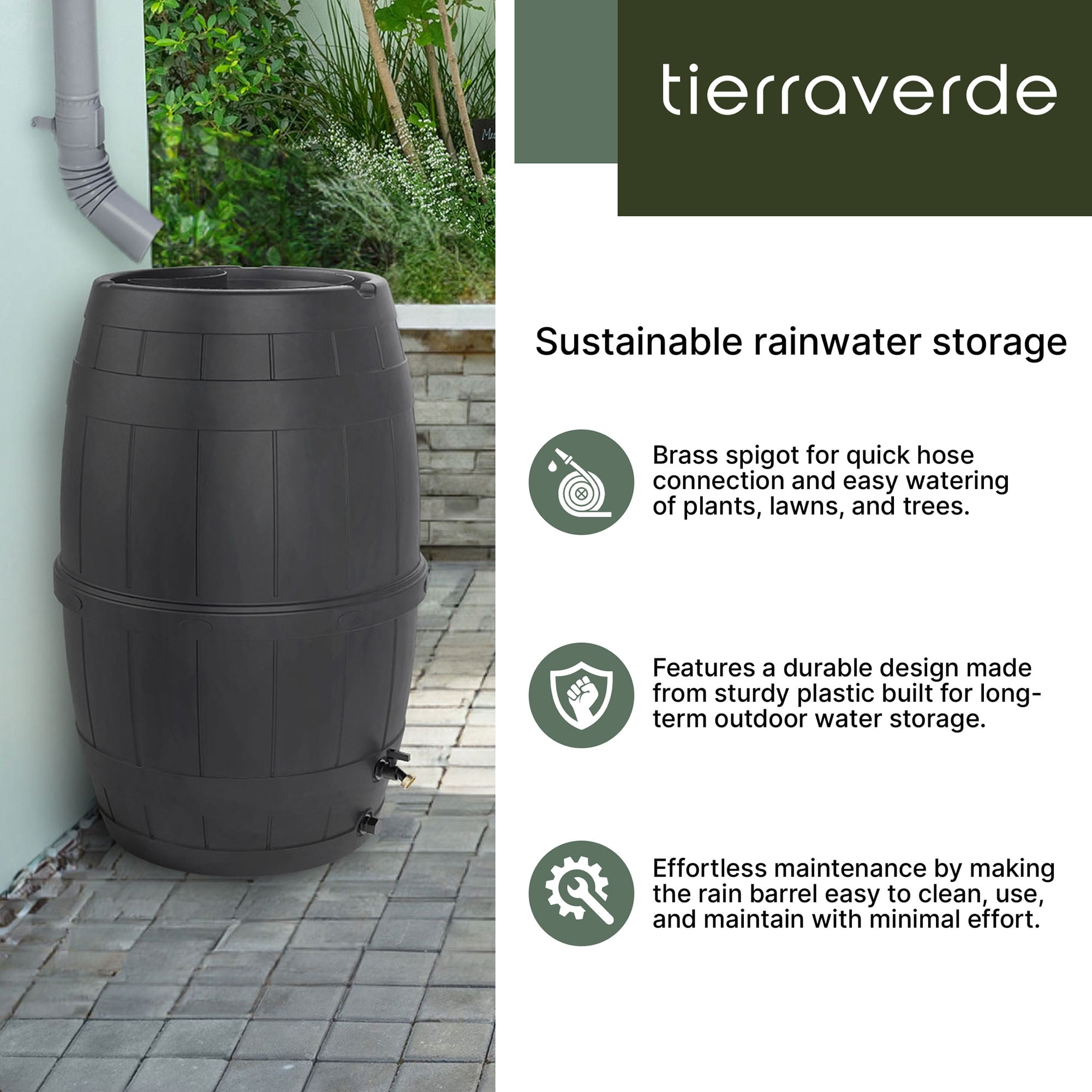 TierraVerde Knock Down Rain Barrel with Rust Proof Brass Spigot, 39 Gallon, Black