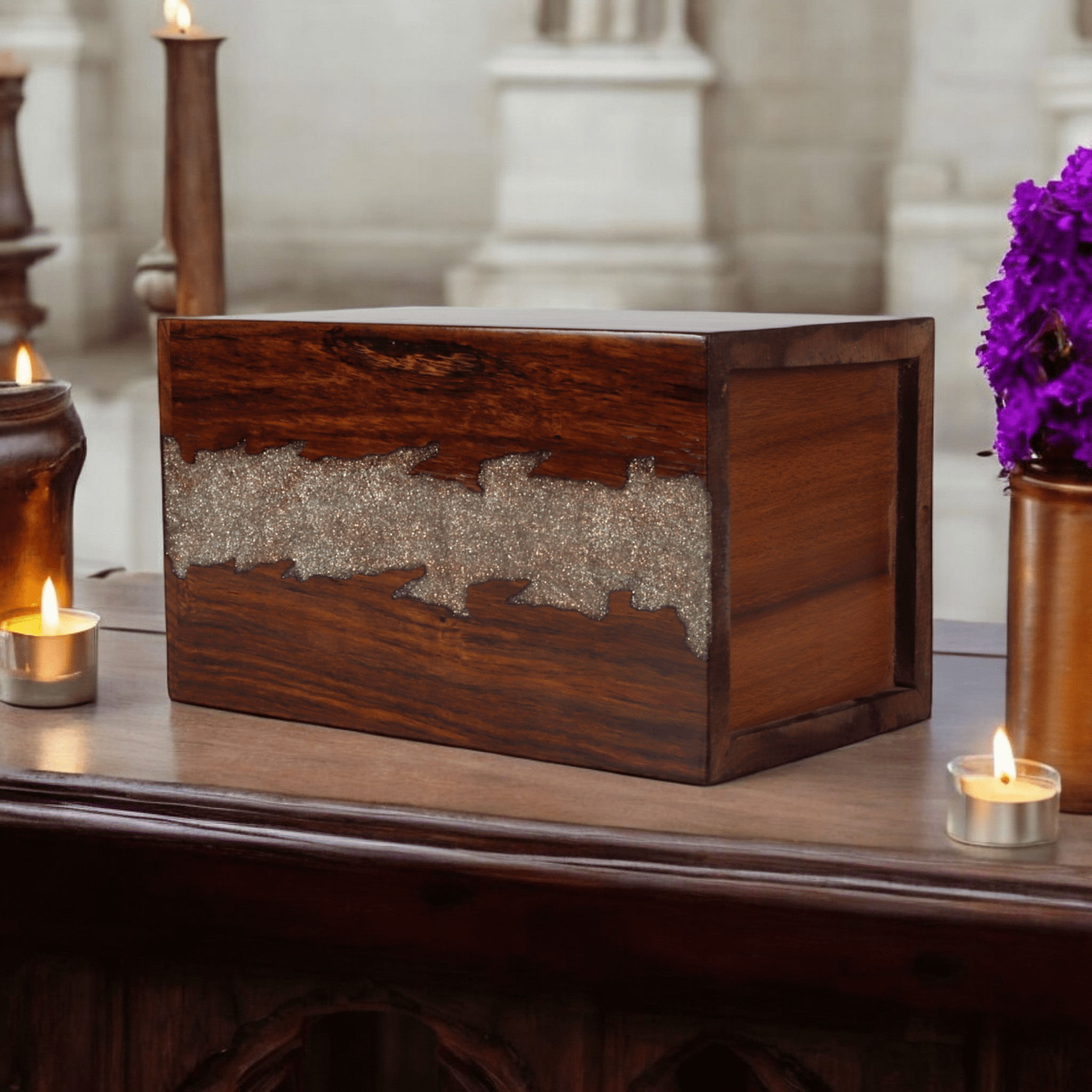 Wooden Cremation Urn for Human and Pet Ashes, Memorial Urn, Burial Urn, Keepsake Urn, Adult Urn with Epoxy Design (Medium)