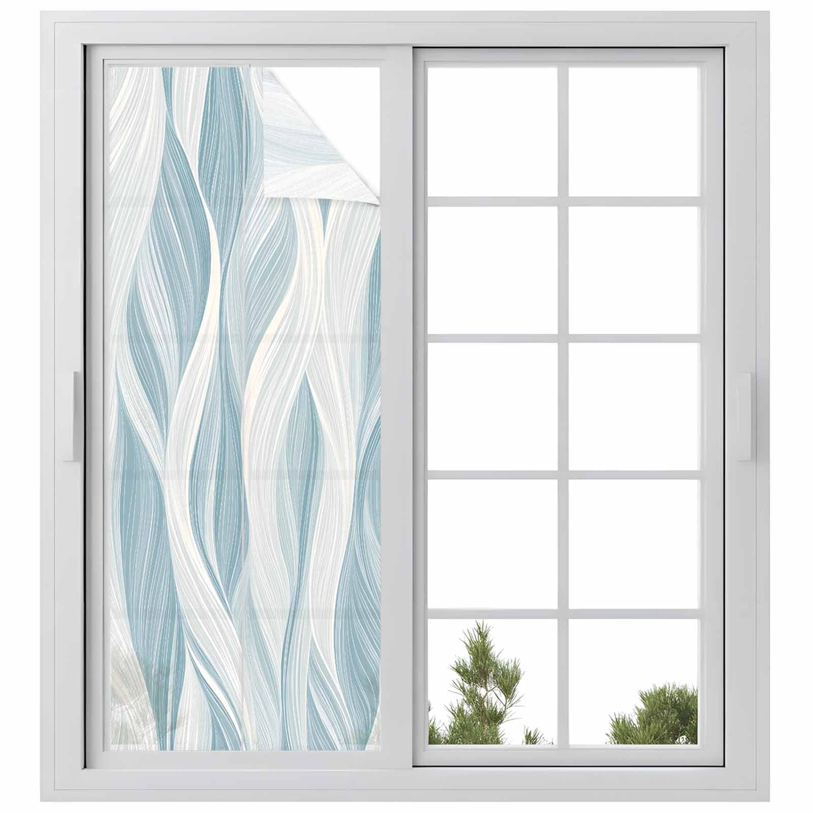 White Blue Ombre Stripe Window Privacy Film, Modern Abstract Moire Waves Static Cling UV Sun Blocking Tint Film Heat Control Windows Films for Bedroom Bathroom, Window Stickers 23.6"x59"
