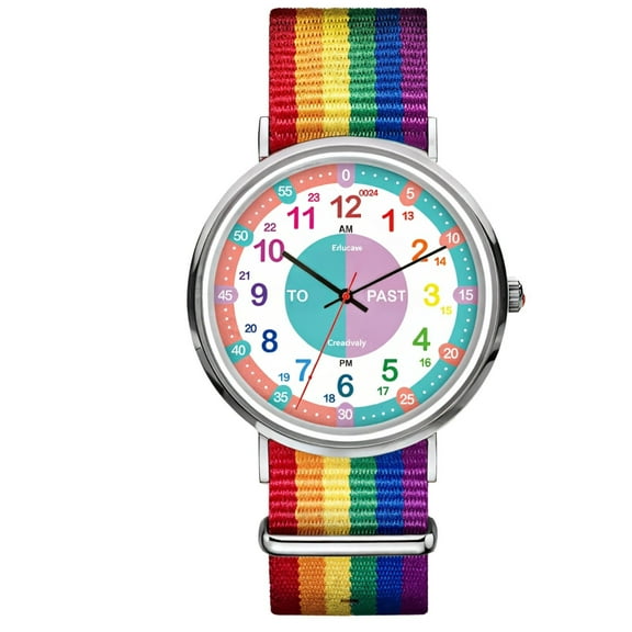 Analog Watch with Rainbow Strap, Easy Time Reading with Color-Coded Hour Numbers