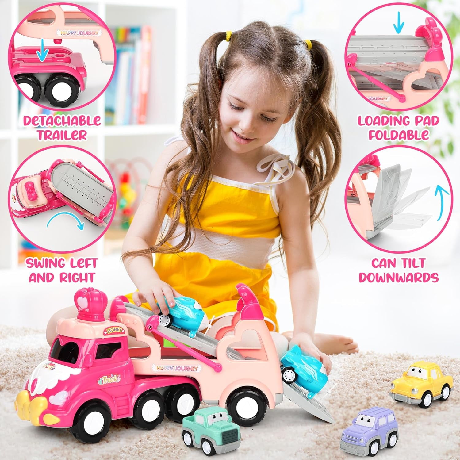 PayUSD Cartoon Vehicle Toy for Toddler Girl 5-in-1 Pink Carrier Truck for Baby Girls Friction Power Transport Car with Light and Sound Toys for 3 Years Little Girl Kid Child Infant Gift Birthday