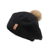 Women's Knit Beret Hat with Faux Fur Pom French Beret Bennie Fashion Skull Cap Winter