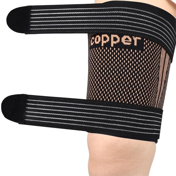 2 Pack Adjustable Compression Sleeves with Straps for Men and Women, Copper Fiber Sports Support Sleeves for Arm and Thigh, Basketball, Running, Gym Workout and Fitness Training