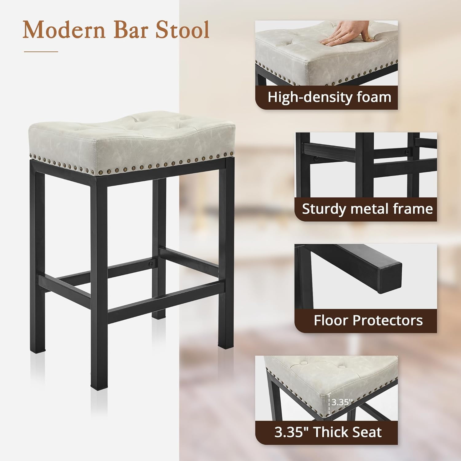 Dycanpo 24” Saddle Bar Stools Set of 3 with Modern Metal Legs, for Home Kitchen, Light Beige Gray
