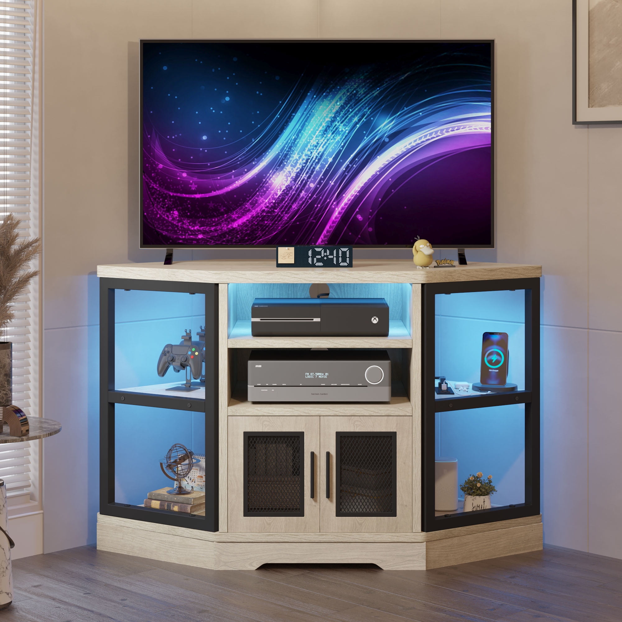 Dextrus Farmhouse Corner TV Stand for TVs up to 55 inch with Power Outlet LED Lights Wood Entertainment Center TV Media Console with Storage