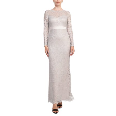 Adrianna Papell Crew Neck Long Sleeve Illusion Embellished Keyhole Zipper Back Lace Dress Color: ICY LILAC Size: 4