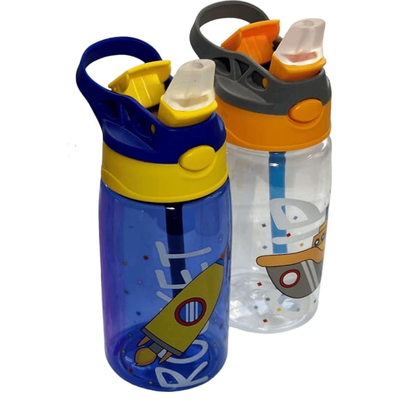 (2-Pack) ZIGIDO Kids Water Bottle for School, 16oz with Straw, ideal for Boys and Girls, Spill Proof & Dishwasher safe Kids Bottle, BPA-Free, Sippy Cup with attractive design, White & Blue