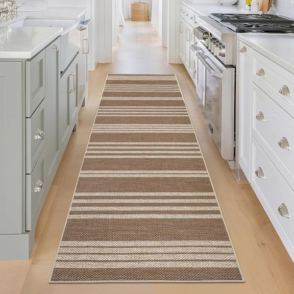 Washable Easy Jute Hallway Runner 2x6 Non-Slip Modern Striped Carpet Runner, Non-Shedding Thin Kitchen Rugs, Foldable Neutral Indoor Outdoor Rug for Laundry, Garden, Deck, Jute Brown