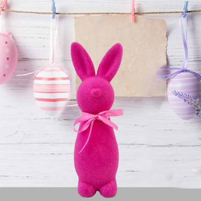 Figura de conejo de Pascua flocado, adorno de mesa, regalo de Pascua, escultura de animal, centro de mesa para patio, gabinete, escritorio de oficina Rosa roja