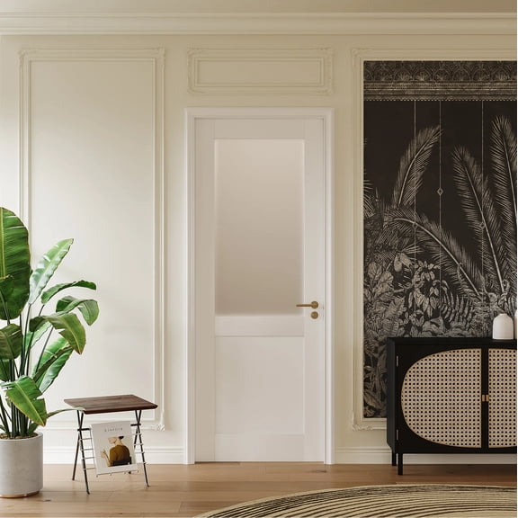 24" X 80" Half Frosted Glass Solid Core Door Slab -Solid Manufactured Wood White Primed Standard Size Interior