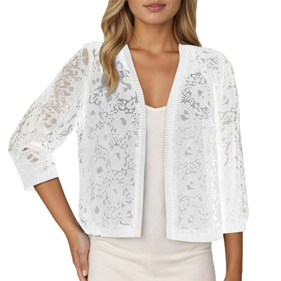 Arlun Black Lace Cardigans for Women 3/4 Sleeve Knit Open Front Elegant Lightweight Casual Tops Basic Solid Color Thin Breathable Fall Fashion Outwear for Daily Wear White XL