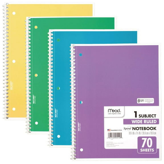 Mead Spiral Notebook, 4 Pack, 1 Subject, Wide Ruled Paper, 7-1/2" x 10-1/2", 70 Sheets per Notebook, Colors Will Vary (930200-ECM25)