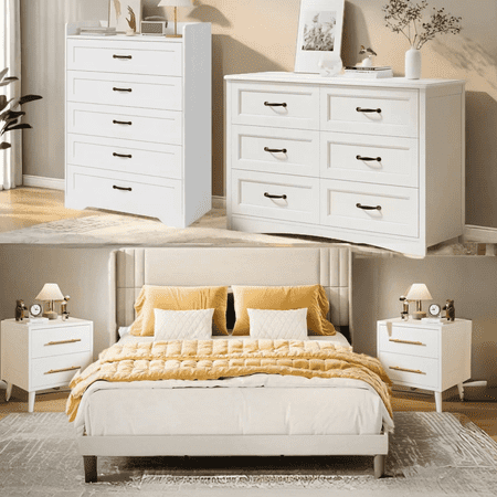 Bedroom Furniture Set, Queen Bed Frame, 2 Nightstands, 5-Drawer Dresser & 6-Drawer Dresser for Large Bedrooms