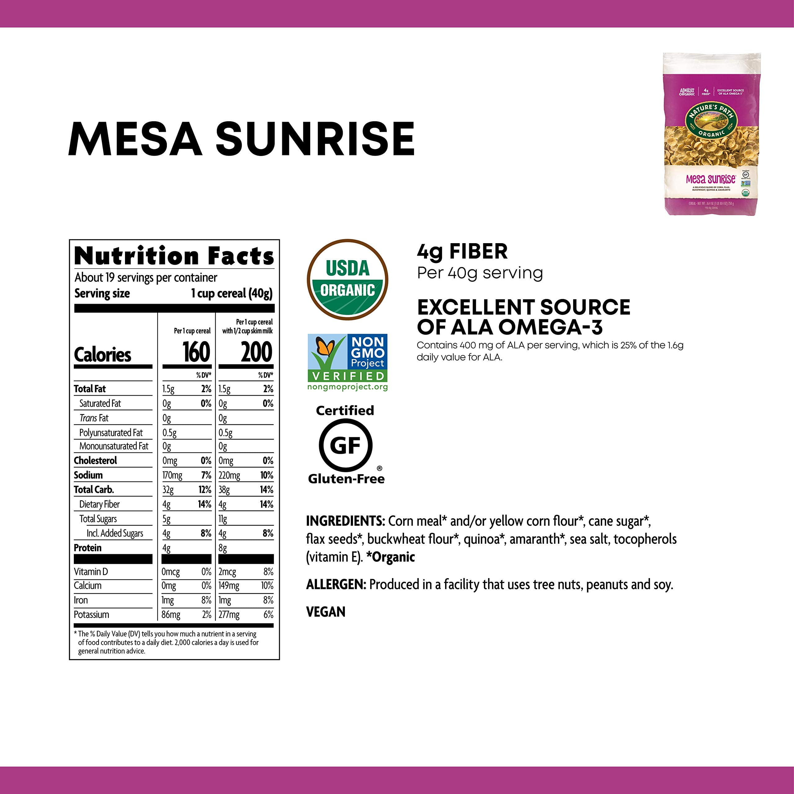 Nature's Path Organic Gluten Free Mesa Sunrise Flakes Cereal. Earth Friendly Package, Non-GMO, Heart Healthy, High Fiber, 4g Plant Based Protein,26.4 Oz(Pack of 6)
