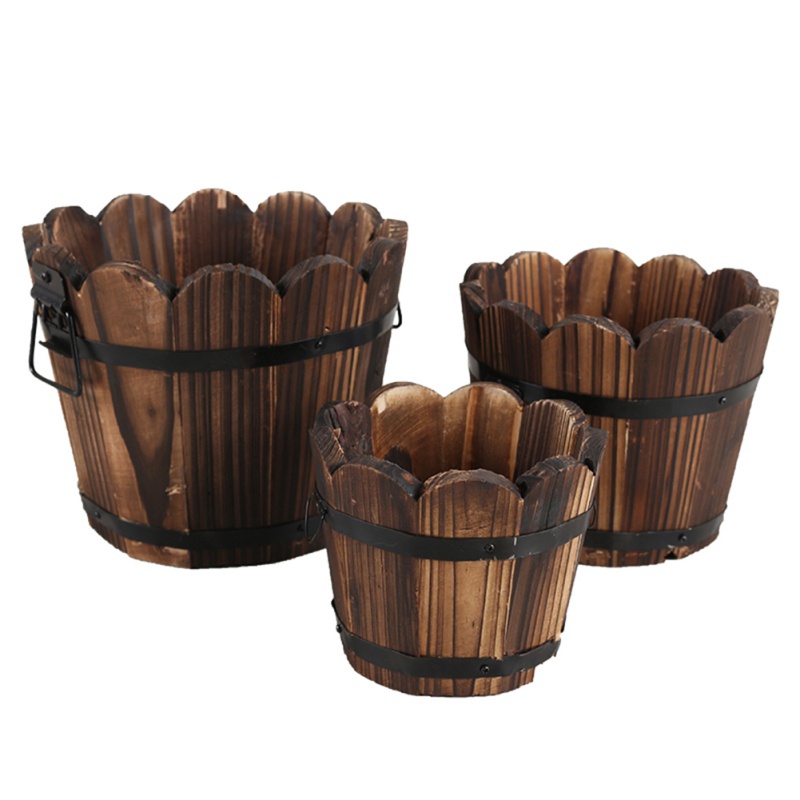Wooden Bucket Barrel Planters Rustic Flower Pots Container with Drain