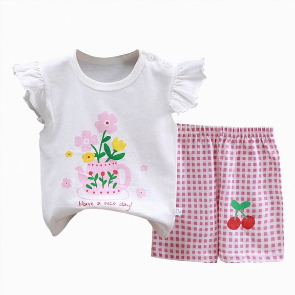 Toddler Baby Girl Summer Clothes Set Cute Cartoon Printed Flying Sleeve Top Shorts 1T 2T 3T 4T Baby Girls Summer Outfit Two Piece Set