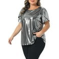 thumbnail image 4 of Agnes Orinda Women's Plus Size Metallic Tops Crew Neck Short Tulip Sleeve Disco Party Sparkly Blouses 2X Silver, 4 of 6