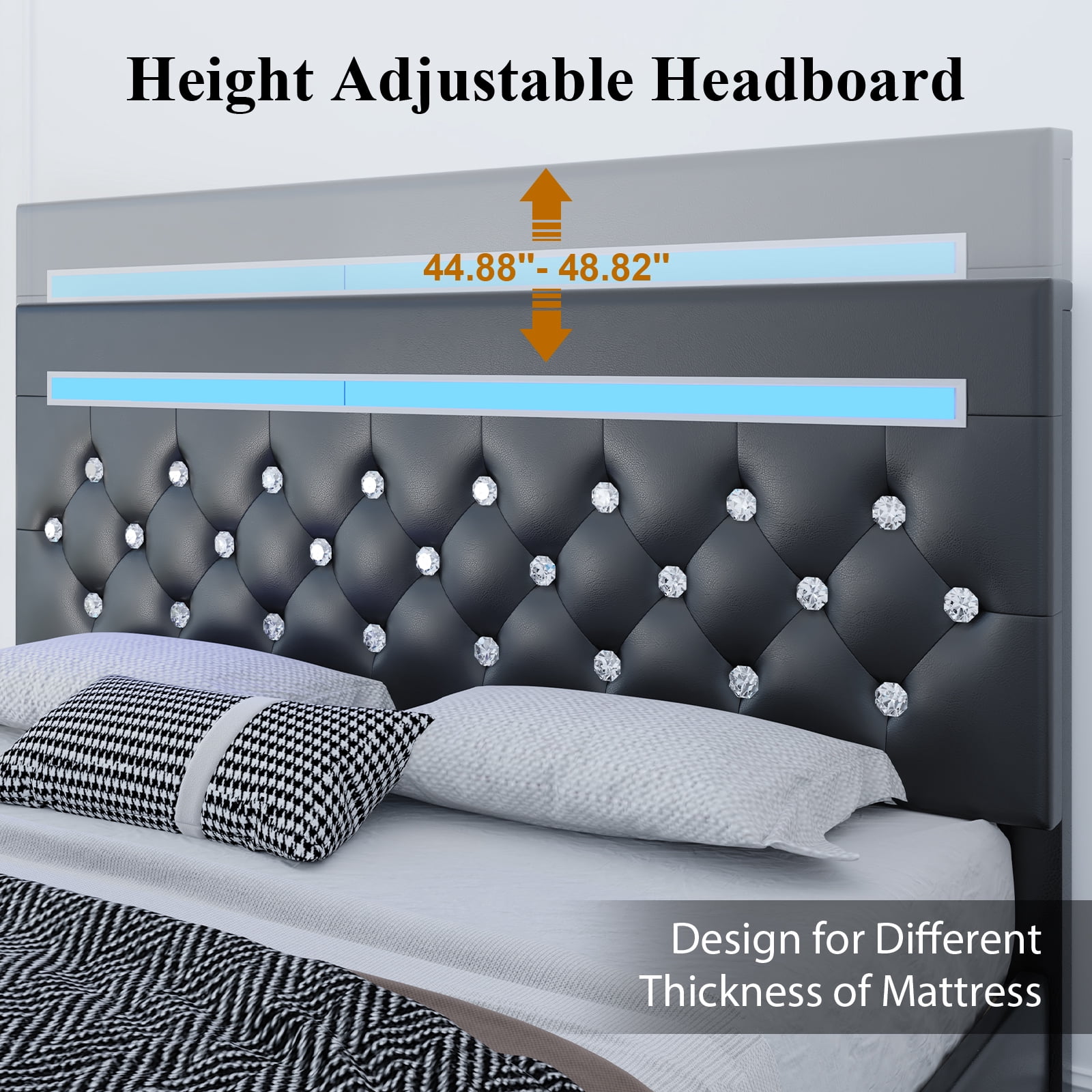 Queen Size Faux Leather LED Bed Frame with Adjustable Headboard Upholstered Platform Bed with Charging Station Diamond Button Tufted Style, Black