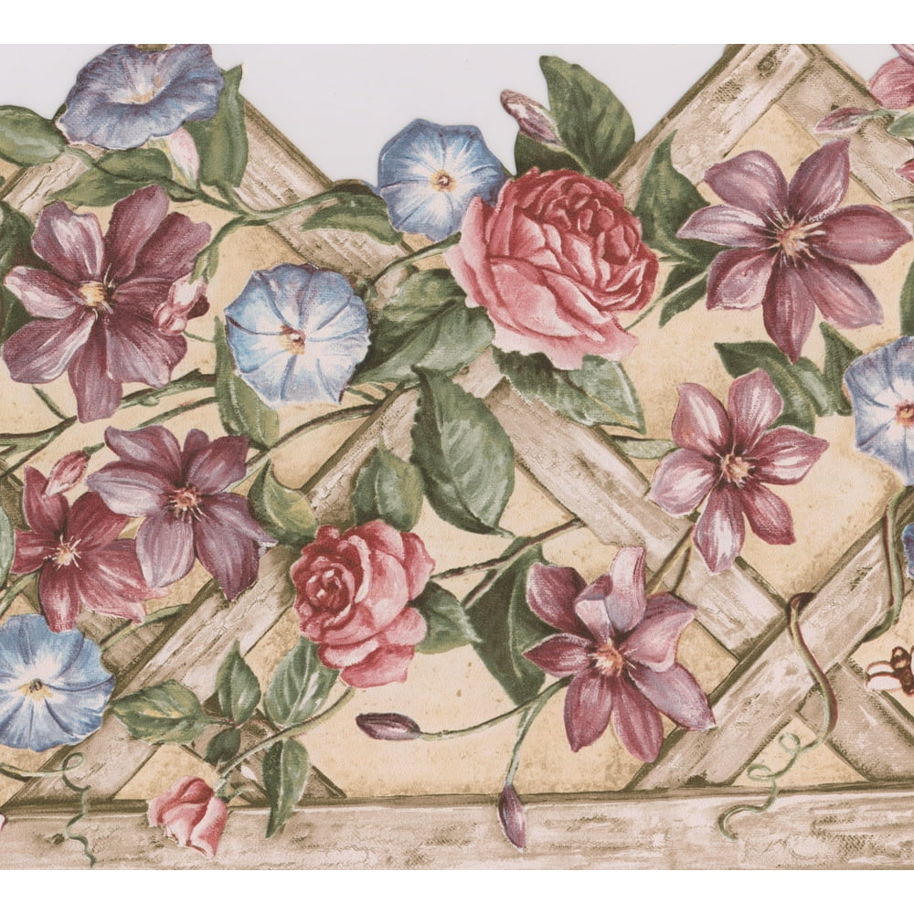 Wallpaper Border - Pink Purple Blue Flowers on Fence Extra Wide Wall