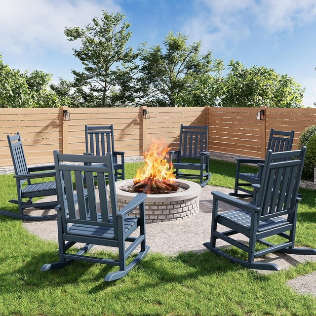 Patio Furniture Poly Lumber Rocking Chair Outdoor Set of 6 HDPE High Back Porch Rocker Chairs for Adults All Weather Resistant Furniture for Patio Navy Blue