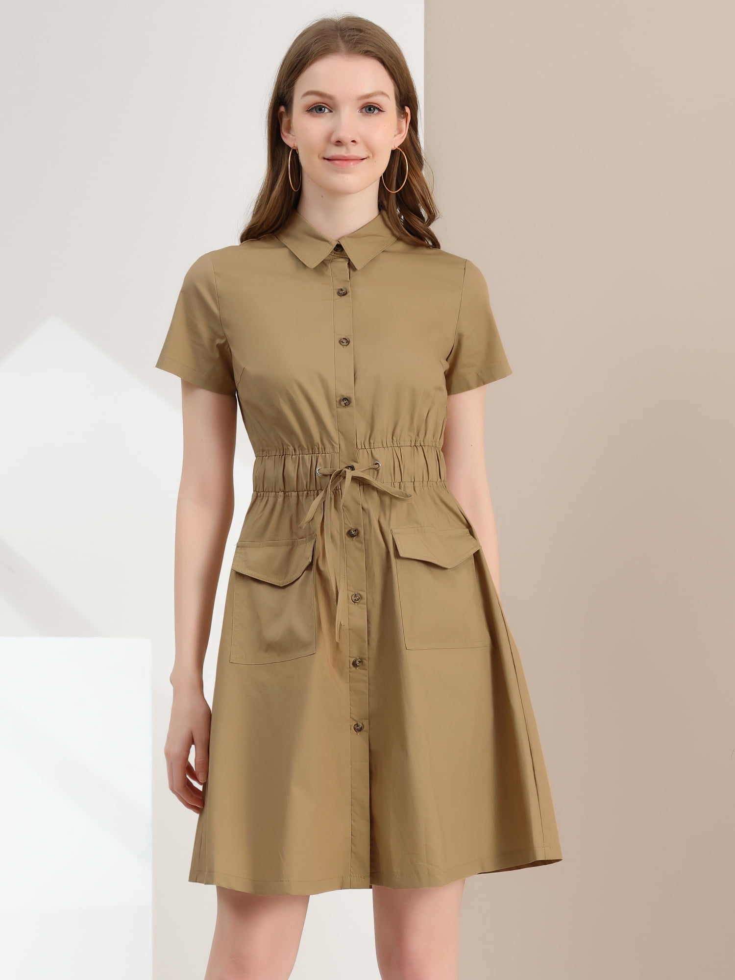 DARING DIVA Collar Elastic Waist Above Knee Dress with Pocket XS Khaki