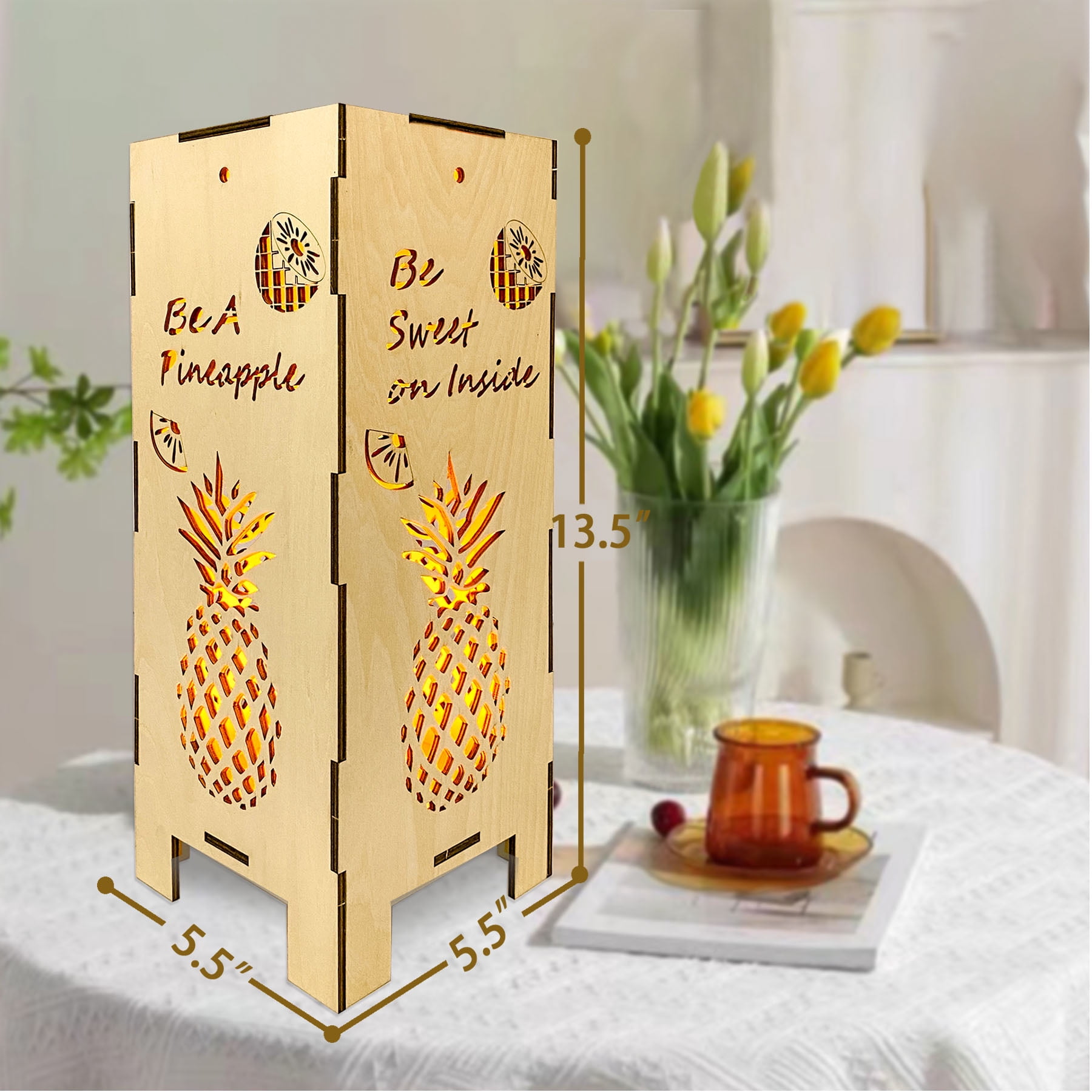 Jamjam Wood Pineapple Lamp-Pineapple Night Light Projection For Living Room, Vintage Pineapple Lantern Bedside, Pineapple Mood Lighting Projection For Home Decor, Side Light Fixture Lamp