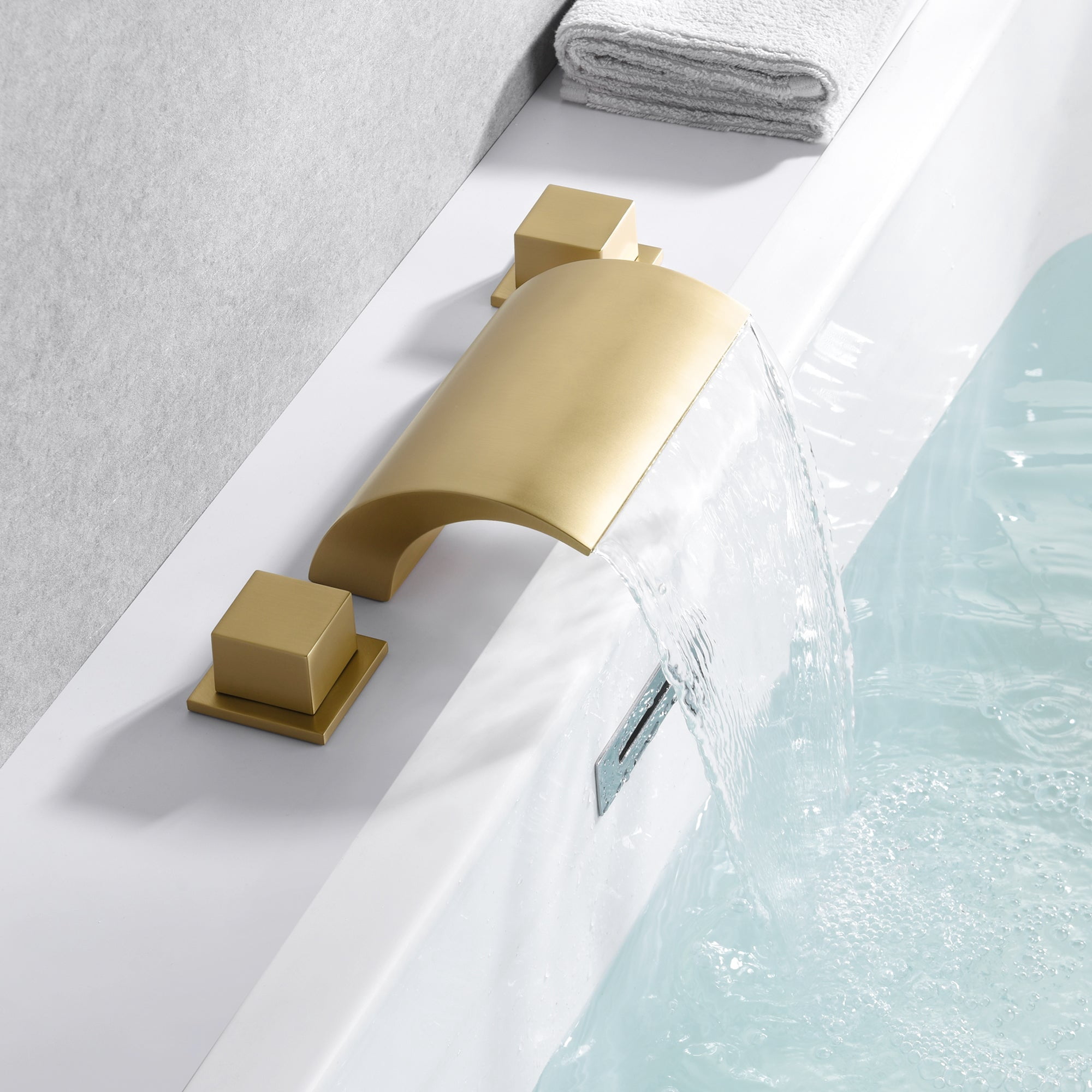 Sumerain Roman Tub Faucet with Waterfall Spout, 3-Hole Deck Mount High Flow Bath Tub Filler, Brushed Gold Finish